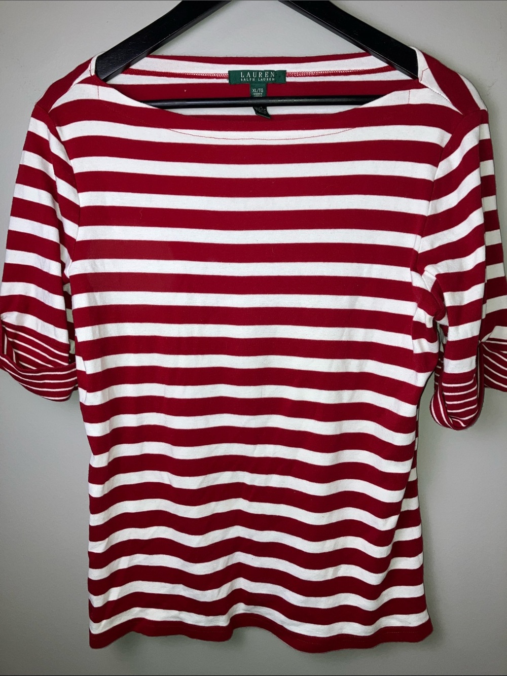 Lauren Ralph Lauren Red & White Striped Boatneck Short Sleeve Top Size XL
